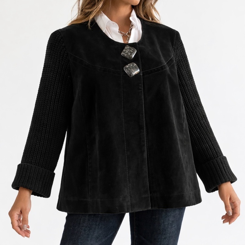 Black Suede & Knit Blazer Bell Sleeve A-line Snaps Retro Buttons Vintage BLK XL